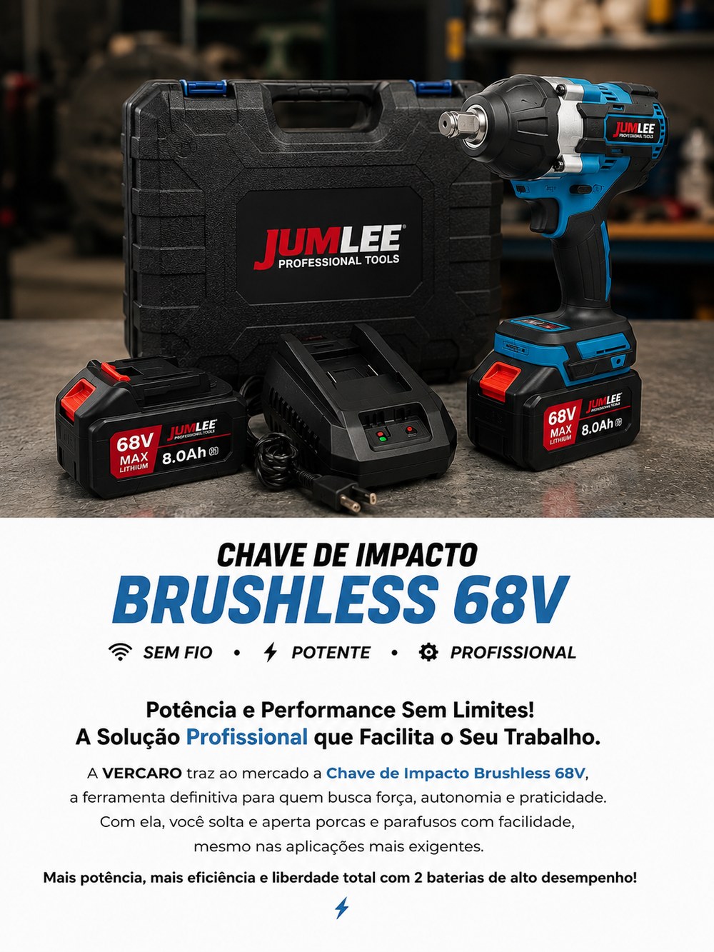 Chave de Impacto Brushless 68V: sem fio, potente e profissional. A VERCARO traz ao mercado a ferramenta definitiva para quem busca força, autonomia e praticidade.