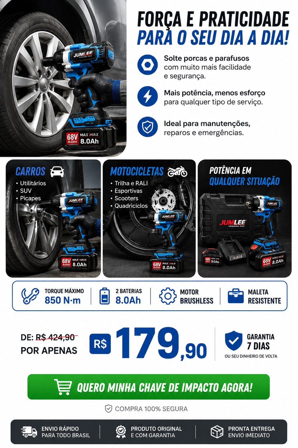 Força e praticidade para o dia a dia: ideal para carros, motocicletas e qualquer situação. De R$ 424,90 por apenas R$ 179,90 com garantia de 7 dias.