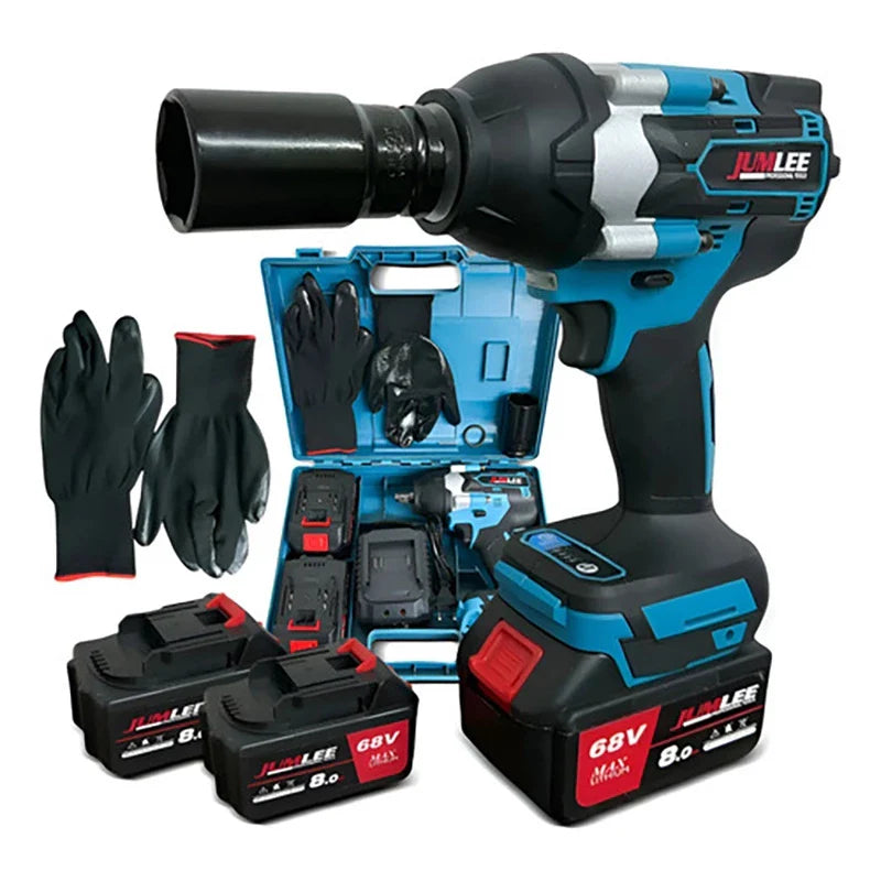 Kit completo: chave de impacto, maleta, 2 baterias 8.0Ah, carregador e luvas