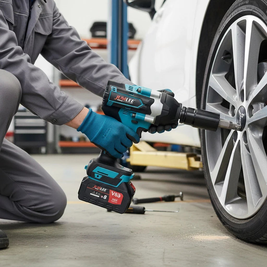 Mecânico usando a chave de impacto na roda de um carro em oficina
